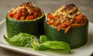 Calabacines rellenos de boloñesa de seitán con rúcula y germinados