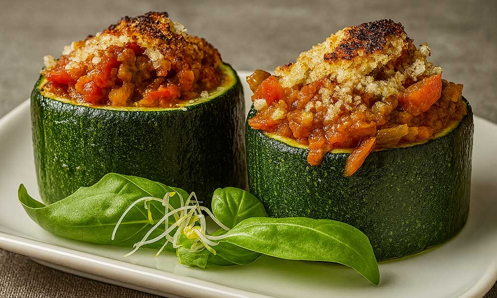 Calabacines rellenos de boloñesa de seitán con rúcula y germinados