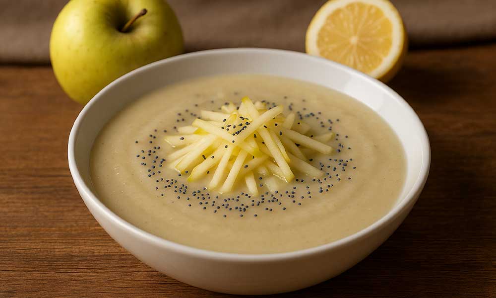 Crema suave de puerros con manzana y leche vegetal, aliñada con nuez moscada y servida con juliana de manzana y semillas de amapola. Digestiva, depurativa y rica en fibra. Ideal para primavera y otoño.