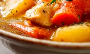 Estofado largo de zanahorias y chirivías con kombu en bol marrón.